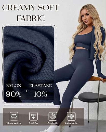 Women 3 Piece Seamless Workout Set Sports Bra High Waisted Gym Yoga Leggings Zip Up Jacket with Thumbhole Activewear