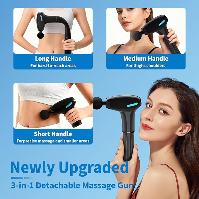 Massage Gun Deep Tissue with Extension Handle Professional Percussion 3-in-1 Detachable Back Massager for Pain Relief,Muscle Relief Massager for Shoulder Back Thigh Waist&Neck (Light Black)