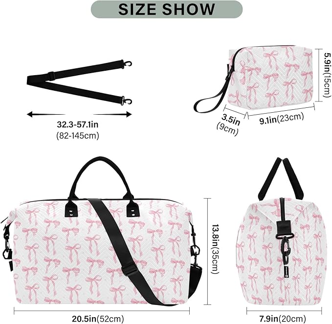 Weekender Bags Travel Duffel Gym Bag Carry on Overnight Tote Bag with Toiletry Bag for Airplane Travel Trip Gym Yoga (Pink Bow 61)