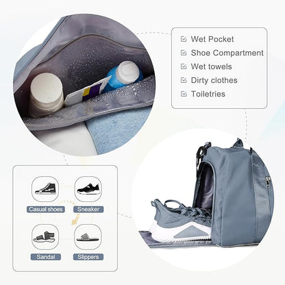 Gym Bag for Women with Shoes Compartment Small Duffel Bag Sport bag with Toiletry Bag Overnight Travel Tote Bags Weekender Carry on Bag Personal Item Bags for Airlines Grey Blue