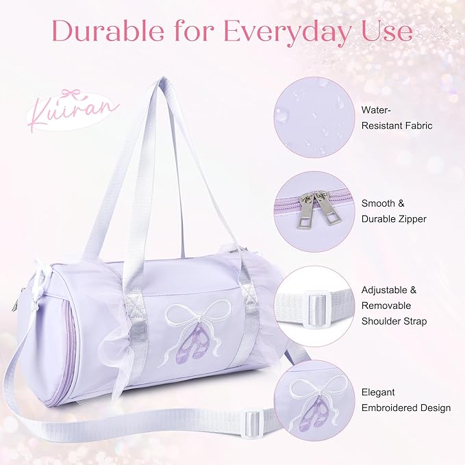 Dance Bag for girls, KUIRAN 8L Dance Duffel Bag with Separate Shoe Compartment Lightweight Water-resistant Sport Bag for Dance, Ballet, Gym, Travel - Purple