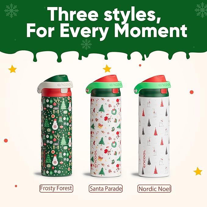 Christmas Insulated Water Bottle with Straw - Leak Proof Stainless Steel Water Bottle for School, Travel, Keeps Cold All Day, One-Touch Flip Lid, Holiday Gifts For Women Men, 24 oz, Frosty Forest