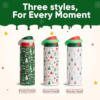 Christmas Insulated Water Bottle with Straw - Leak Proof Stainless Steel Water Bottle for School, Travel, Keeps Cold All Day, One-Touch Flip Lid, Holiday Gifts For Women Men, 24 oz, Frosty Forest
