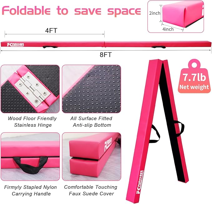 8FT Folding Balance Beam -Gymnastics Floor Beam -Gymnastics Equipment for Kids,Wood core- Anti-Slip Bottom and Carrying Bag for Home