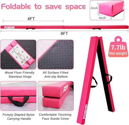 8FT Folding Balance Beam -Gymnastics Floor Beam -Gymnastics Equipment for Kids,Wood core- Anti-Slip Bottom and Carrying Bag for Home