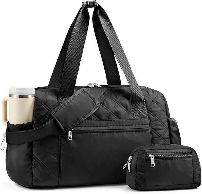 Puffer Gym Bag for Women, Quilted Weekender Bag for Travel, Lightweight Carry on Duffle for Sports Workout Dance Ballet Yoga Gymnastics Hospital with Wet Pocket, Black