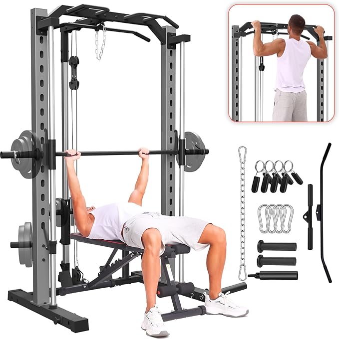 OPPSDECOR All in One Smith Machine, 1400LBS Multi-Functional Smith Machine Home Gym, Squat Rack with LAT-Pull Down System, Power Rack with Barbell Bar, Power Cage with Attachments Full Body Training