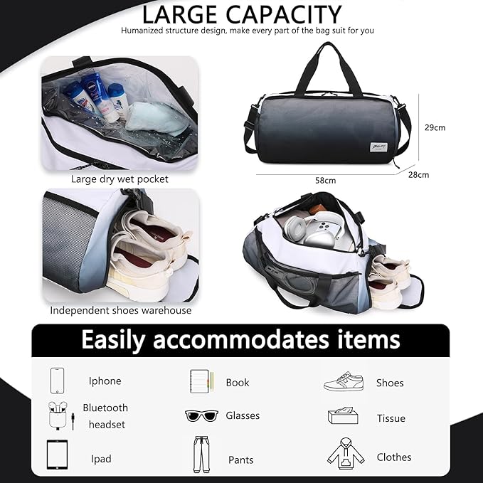 BE SMART Waterproof Mens Gym Bag with Shoe Compartment, Duffle Bag with Wet Pocket for Men, Lightweight Sport Carry On Duffel Bag With Tpu Pocket for Travel, Sports, Fitness & Workout(Black Gradient)
