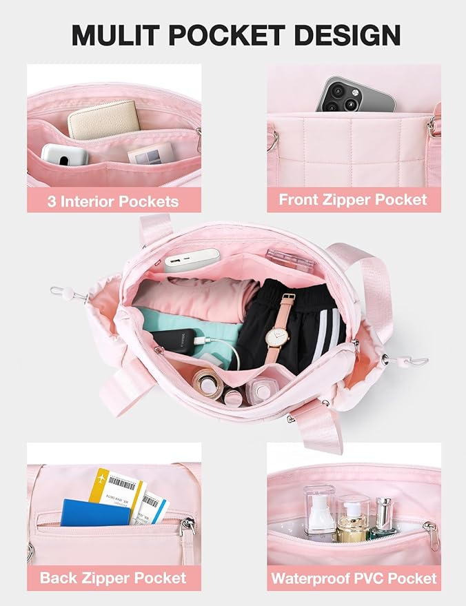 VUUDH Mini Gym Bag for Women Puffy Bag, Small Gym Bag with Coin Wallet, Lightweight Gym Tote Bag for Fitness, Work, Travel, Daily Commute,Pink
