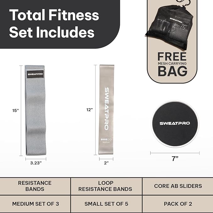 3-in-1 Exercise & Toning Kit – Non-Slip Fabric Booty Bands, Strength Resistance Bands & Core Sliders – Total Body Home Gym for Glutes, Legs & Abs – Portable Fitness Set with Carry Bag