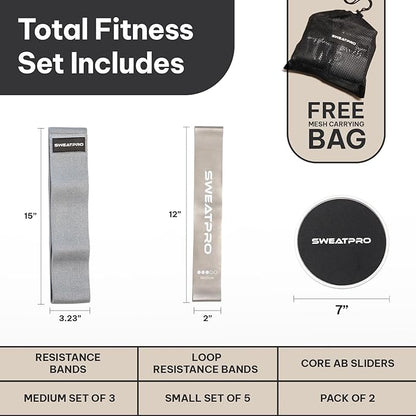 3-in-1 Exercise & Toning Kit – Non-Slip Fabric Booty Bands, Strength Resistance Bands & Core Sliders – Total Body Home Gym for Glutes, Legs & Abs – Portable Fitness Set with Carry Bag