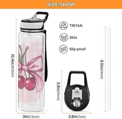 Fustylead Cute Cherry Fruit with Pink Bow 32 oz Tritan Water Bottle with Straw, Leakproof and BPA-Free Sport Water Bottle for Fitness, Gym & Outdoor