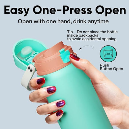 Insulated Water Bottle with Straw - Encool Stainless Steel Water Bottle with Push Button Lid, Leak-Proof & BPA-Free, Keeps Cold for 24 Hours for Sports, Travel, Gym (32 oz, Turquoise)