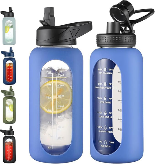 32 oz Glass Water Bottle with Straw and Handle, Sports Motivational Water Flask with Silicone Sleeve, Large Leakproof Water Flask Cup with Time Marker for Travel, Gym, Blue