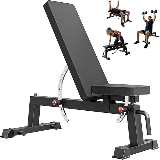 PAPABABE Adjustable Weight Bench with Weight Set, Heavy-Duty Workout Bench with Two-Way Angle Adjustment, Comfortable Extended & Easy-to-Clean Backrest, Transport Wheels & Easy Mobility for Home Gym