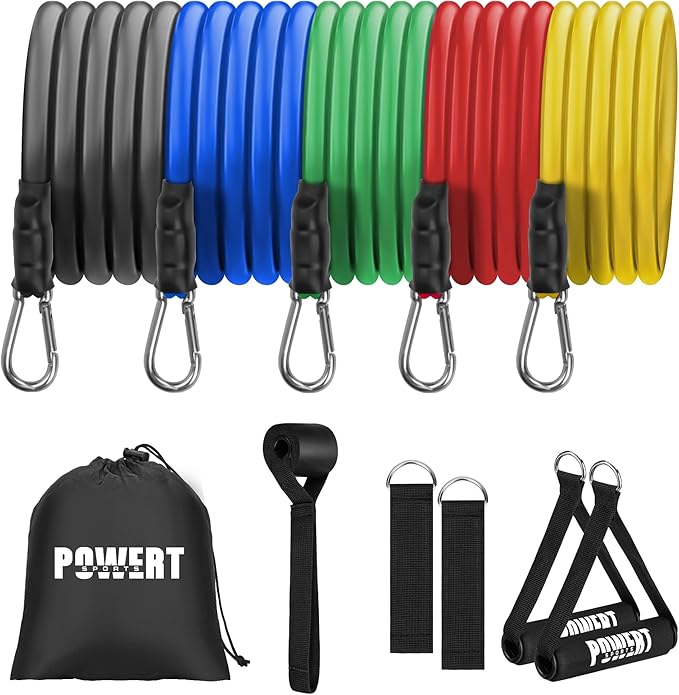 POWERT Resistance Bands Set (11pcs), Workout Bands with Handles, Door Anchor, Ankle Straps and Carry Bag, Exercise Bands, Portable Set, Good for Home Gym Fitness,Sports, Physical Therapy