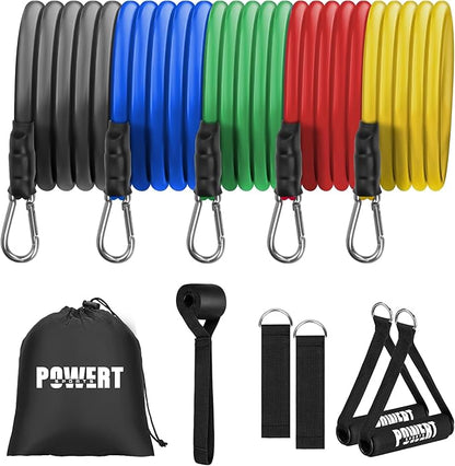 POWERT Resistance Bands Set (11pcs), Workout Bands with Handles, Door Anchor, Ankle Straps and Carry Bag, Exercise Bands, Portable Set, Good for Home Gym Fitness,Sports, Physical Therapy