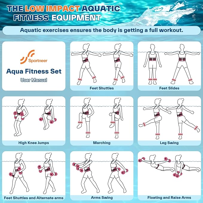 Sportneer Aquatic Exercise Equipment Water Aerobics Combo Set Includes High Density Water Weights Dumbbell Aqua Belt Water Ankle Weights for Pool Exercise Aquatic Therapy Pool Fitness Water Exercise