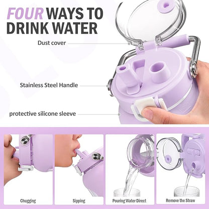 BLUEGO 100 oz Glass Water Bottle with Straw, Huge 3 Liter Water Bottle with Sturdy Handle, Glass Water Jug with Sleeve, Wide Mouth Water Container with Time Marker, Purple