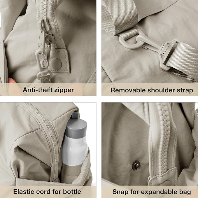 BAGSMART Gym Bag for Women, Carry on Weekender Overnight Bag, Travel Duffel Bags with Trolley Sleeve, Personal Item Travel Bag Tote Bag Workout Dance Bag, Beige-M