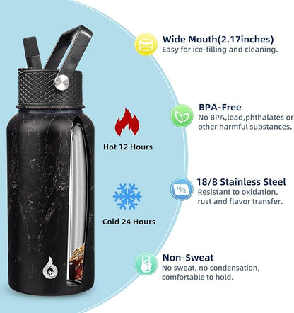 BJPKPK Insulated Water Bottles with Straw Lid, 27oz Stainless Steel Water Bottle with 3 Lids, Leak Proof BPA Free Metal Thermo, Mugs, Tumblers, Keep Cold Hot -Midnight