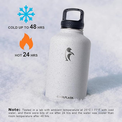 Half Gallon Water Bottle Insulated with Straw&3 Lids, Coolflask 64 oz Water Jug Galaxy Large Metal Stainless Steel flask for Gym, Sports and Office, Keep Cold 48H Hot 24H, Arctic White