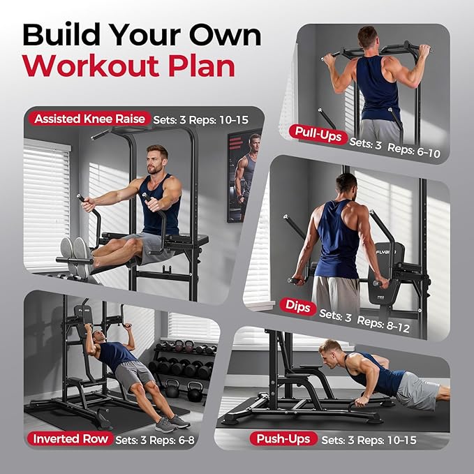 FLYBIRD Power Tower Pull Up Bar Station, Heavy Duty Dip Station with Adjustable Height, Multi-Function Pull Up Station for Home Gym Strength & Ab Workout, 800 LBS Capacity | FED Fitness