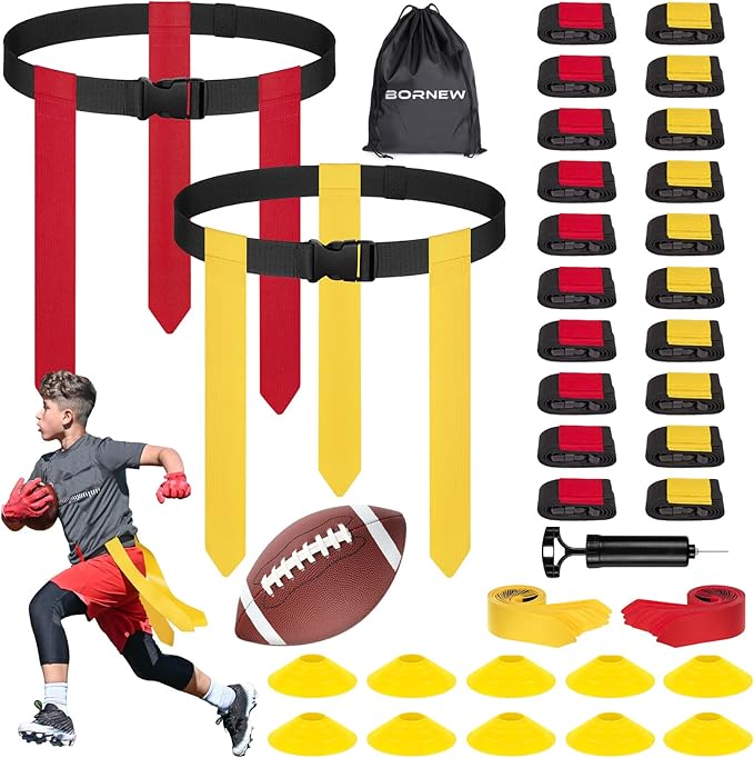 Flag Football Set - 14/20 Player Adjustable Belts with Cones, Football, Pump, Bag, for Youth and Adults Training