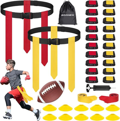 Flag Football Set - 14/20 Player Adjustable Belts with Cones, Football, Pump, Bag, for Youth and Adults Training