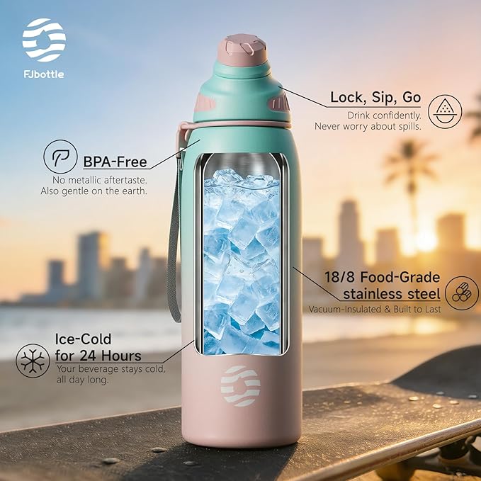 Fjbottle Insulated Stainless Steel Water Bottle, 50 Oz Leakproof Water Bottles, Ice Reusable Tumbler, Double Wall Vacuum Jug, Lightweight Durable for Traveling & Sports, Workout, 50oz