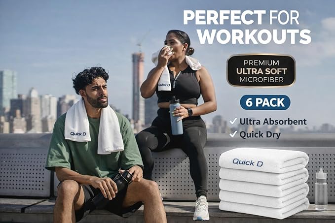 Quick D. Microfiber Gym Towels 16x27 Inch – 5 Pack, Quick Dry, Soft & Absorbent Workout Towels for Gym, Sports, Yoga, Travel & Fitness (White)