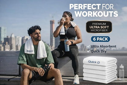 Quick D. Microfiber Gym Towels 16x27 Inch – 5 Pack, Quick Dry, Soft & Absorbent Workout Towels for Gym, Sports, Yoga, Travel & Fitness (White)