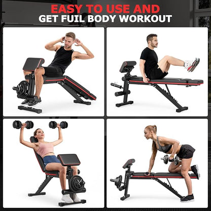 Foldable Workout Bench, Adjustable Weight Bench for Home Gym with Leg Extension, Preacher Pad, Extended Headrest, Collapsible Bench Press Full Body Workout Strength Training Banco de Pesas