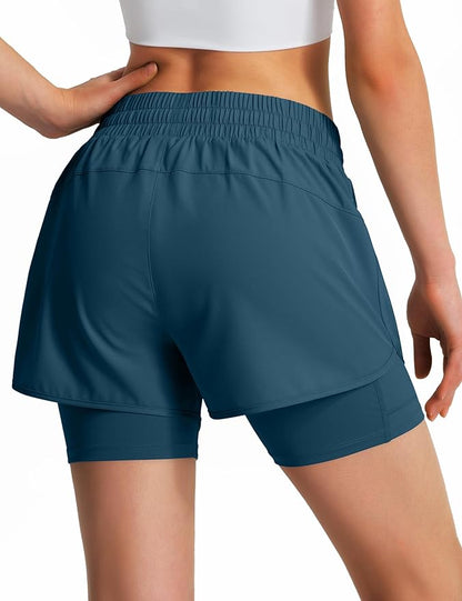 Ksmien Women's 2 in 1 Running Shorts Quick Dry Athletic Gym Workout Shorts with Liner Phone Pockets