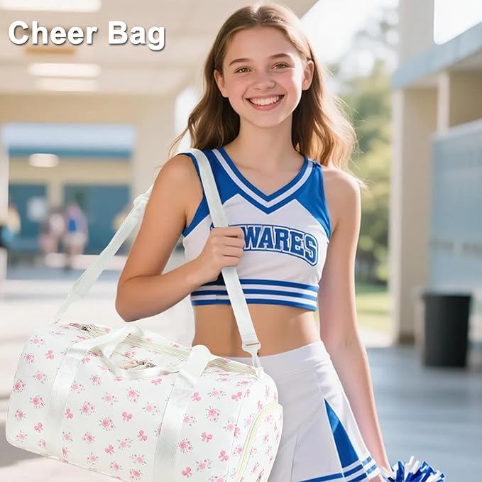 Gym Bag Sports Duffle Bag with Wet Pocket Weekender Overnight Bags with Waterproof Shoe Pouch and Air Hole for Girls Kids Women Workout Travel Bags (Bow Flower-Beige)