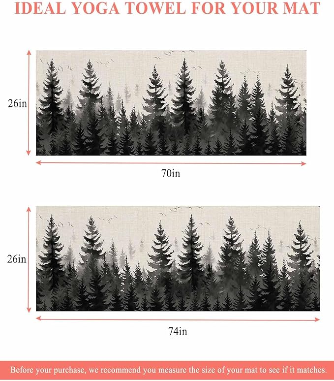 Forest Birds Yoga Mat Towel with Corner Pockets for Hot Yoga Non Slip,Absorbent Yoga Blankets Soft Gym Sweat Working Out Fitness Pilates Towels 70"x26" Vintage Pine Tree Animal Landscape Beige