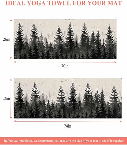 Forest Birds Yoga Mat Towel with Corner Pockets for Hot Yoga Non Slip,Absorbent Yoga Blankets Soft Gym Sweat Working Out Fitness Pilates Towels 70"x26" Vintage Pine Tree Animal Landscape Beige
