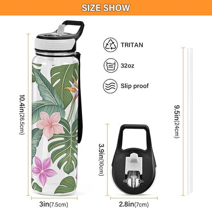 Burbuja Hawaiian Floral Palm Leaf 32 oz Water Bottle with Straw Lid, Leakproof & BPA Free Tritan Bottle for Gym Fitness Outdoor Sports