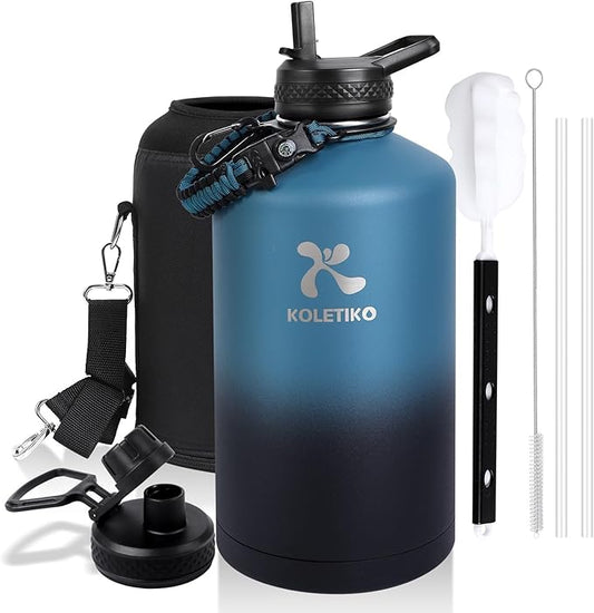 Insulated Gallon Water Bottle(COLD for 36 Hrs), Non-BPA & Leak Proof, 128 oz Stainless Steel Water Jug Large with Paracord Handle, Straw & Spout Lid, Indigo Black