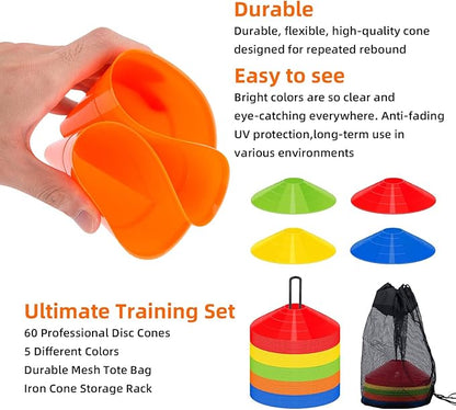 60/120 Pack Agile Soccer Cones with Portable Bags & Brackets,Sports Cones,cones for sports training，soccer cones for training，soccer training equipment，Agile Soccer Cones Used for Football Training