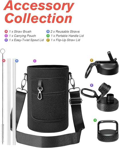 Coolflask Half Gallon Water Bottle Insulated with Straw & 3 Lids, 64 oz Water Jug Large Metal Stainless Steel Wide Mouth for Sports, Gym or Office, Non-BPA Keep Cold 48H Hot 24H, Purple Black