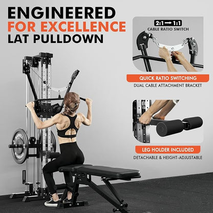 GMWD Cable Machine Home Gym, Wall Mounted Cable Machine with Dual Swivel Arms and 22 Adjustable Positions, All-in-One Cable Crossover Machine for Home Gym, Black