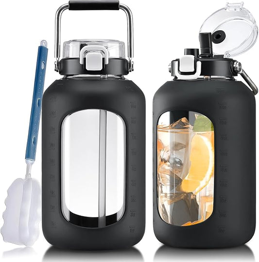 Large Glass Water Bottles with Stainless Steel Handle,100 oz Gallon Drinking Bottle with 2-in-1 Straw Lid,3 Liter Glass Water Jug with Silicone Sleeve,Wide Mouth,Black