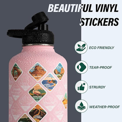 National Parks Water Bottle – 64 oz Insulated Stainless Steel Bottle with 63 Hand-Drawn Park Stickers, Carrier Bag, Strap & Gift Box – BPA-Free – Ideal for Hiking, Camping & Travel