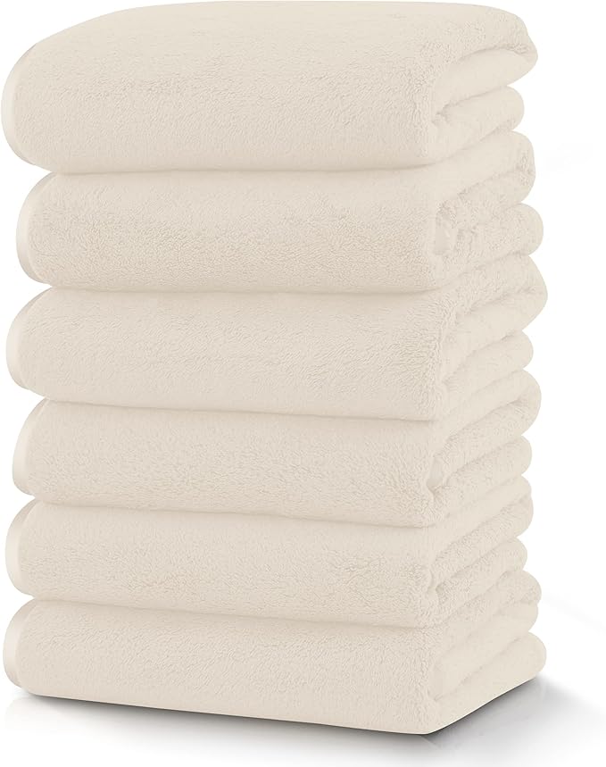 TENSTARS Silk Hemming Hand Towels for Bathroom - Quick Drying - Ultra Soft Microfiber Absorbent Towel for Bath Fitness, Gym, Shower, Hotel, and Spa - 16x28 Inch | Set of 6, Cream