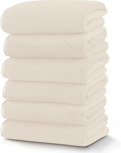 TENSTARS Silk Hemming Hand Towels for Bathroom - Quick Drying - Ultra Soft Microfiber Absorbent Towel for Bath Fitness, Gym, Shower, Hotel, and Spa - 16x28 Inch | Set of 6, Cream
