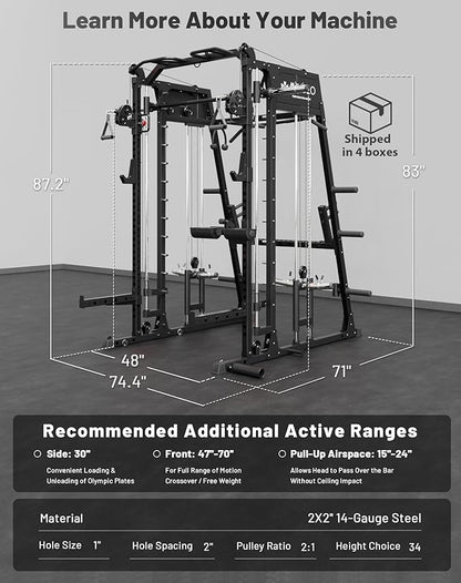 Mikolo M4 2.0 Smith Machine, 2200lbs Squat Rack with LAT-Pull Down System & Cable Crossover Machine, Training Equipment with Leg Hold-Down Attachment