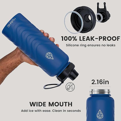 24oz Stainless Steel Insulated Water Bottle, 48H Ice Cold & 24H Hot, Leak-Proof Wide Mouth Lids (Straw & Spout), BPA-Free Bottles, Mens Water Bottle for Gym, Hiking, Travel - Blue