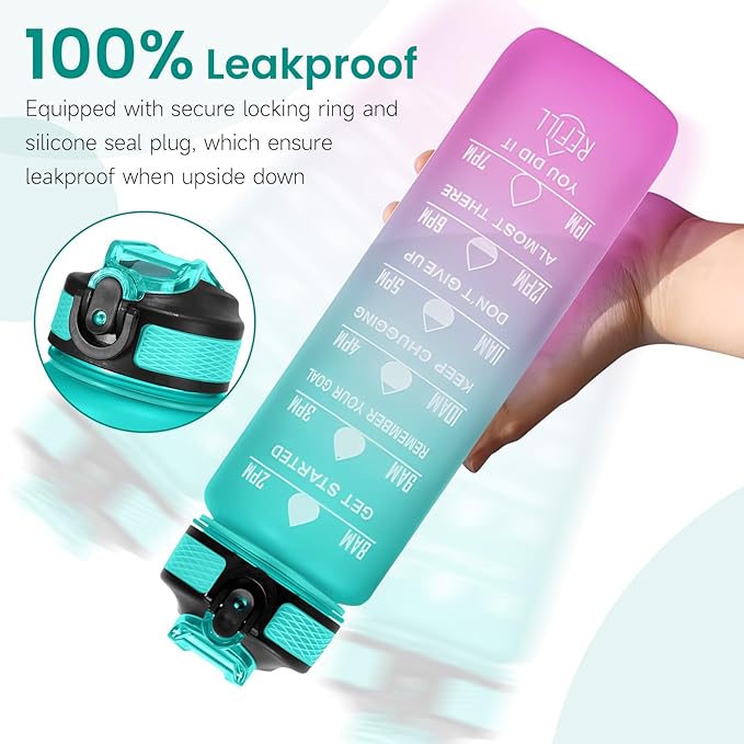 32 oz Water Bottles with Times to Drink and Straw, Motivational Water Bottle with Time Marker, Leakproof & BPA Free, Drinking Sports Water Bottle WIth Hand Strap for Fitness, Gym & Outdoor (green)