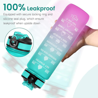 32 oz Motivational Water Bottle with Time Marker,Water Bottles with Times to Drink and Straw with Carrying Strap,Perfect For Fitness Gym Outdoor,BPA Free (Green & Purple Gradient)